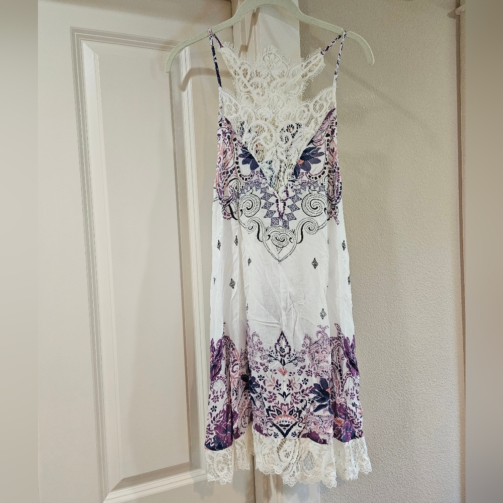 Free People Who's Sorry Now Printed Mini Slip Dress Sleeveless Lace Ivory XS NWT - Picture 15 of 16